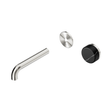 An image of Nero Tapware's Serenity Progressive Wall Basin Mixer 160mm Spout With Marquina Black Handle Trim Kit Only Brushed Nickel