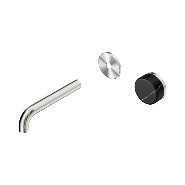 An image of Nero Tapware's Serenity Progressive Wall Basin Mixer 160mm Spout With Marquina Black Handle Trim Kit Only Brushed Nickel