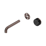 An image of Nero Tapware's Serenity Progressive Wall Basin Mixer 160mm Spout With Marquina Black Handle Trim Kit Only Brushed Bronze