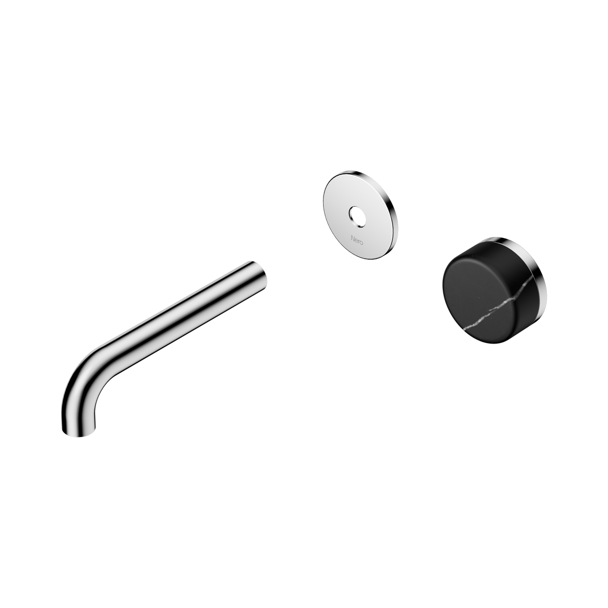 An image of Nero Tapware's Serenity Progressive Wall Basin Mixer 160mm Spout With Marquina Black Handle Trim Kit Only Chrome