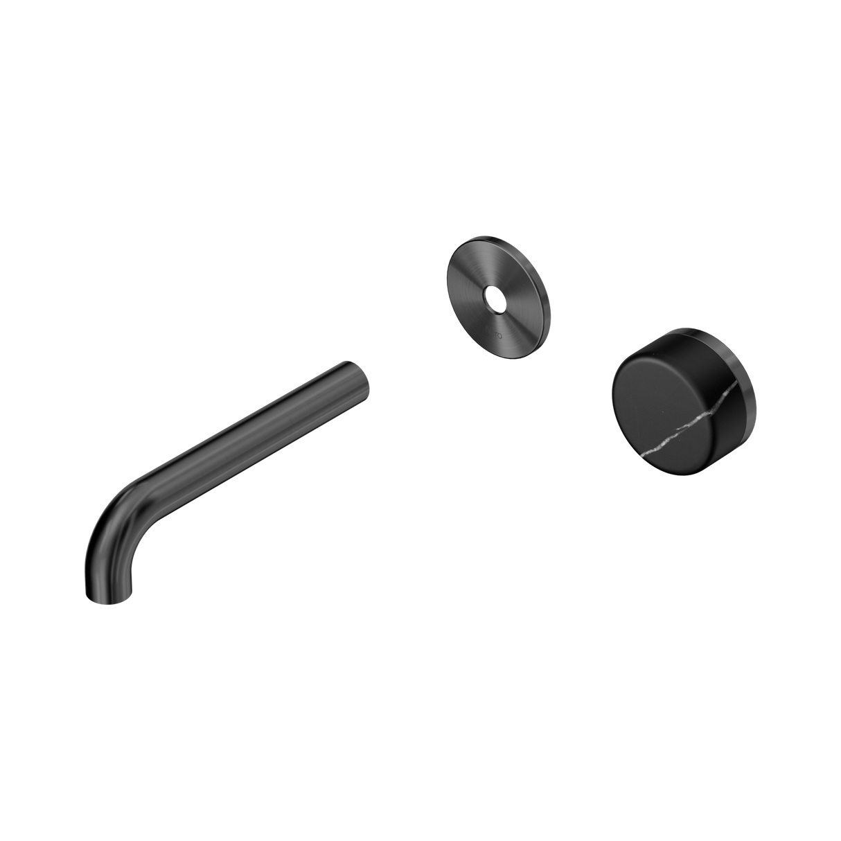 An image of Nero Tapware's Serenity Progressive Wall Basin Mixer 160mm Spout With Marquina Black Handle Trim Kit Only Gun Metal
