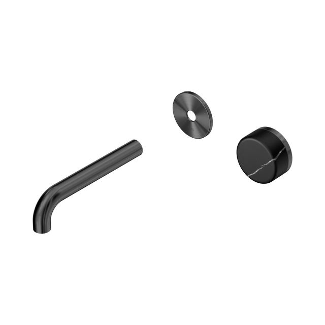 An image of Nero Tapware's Serenity Progressive Wall Basin Mixer 160mm Spout With Marquina Black Handle Trim Kit Only Gun Metal