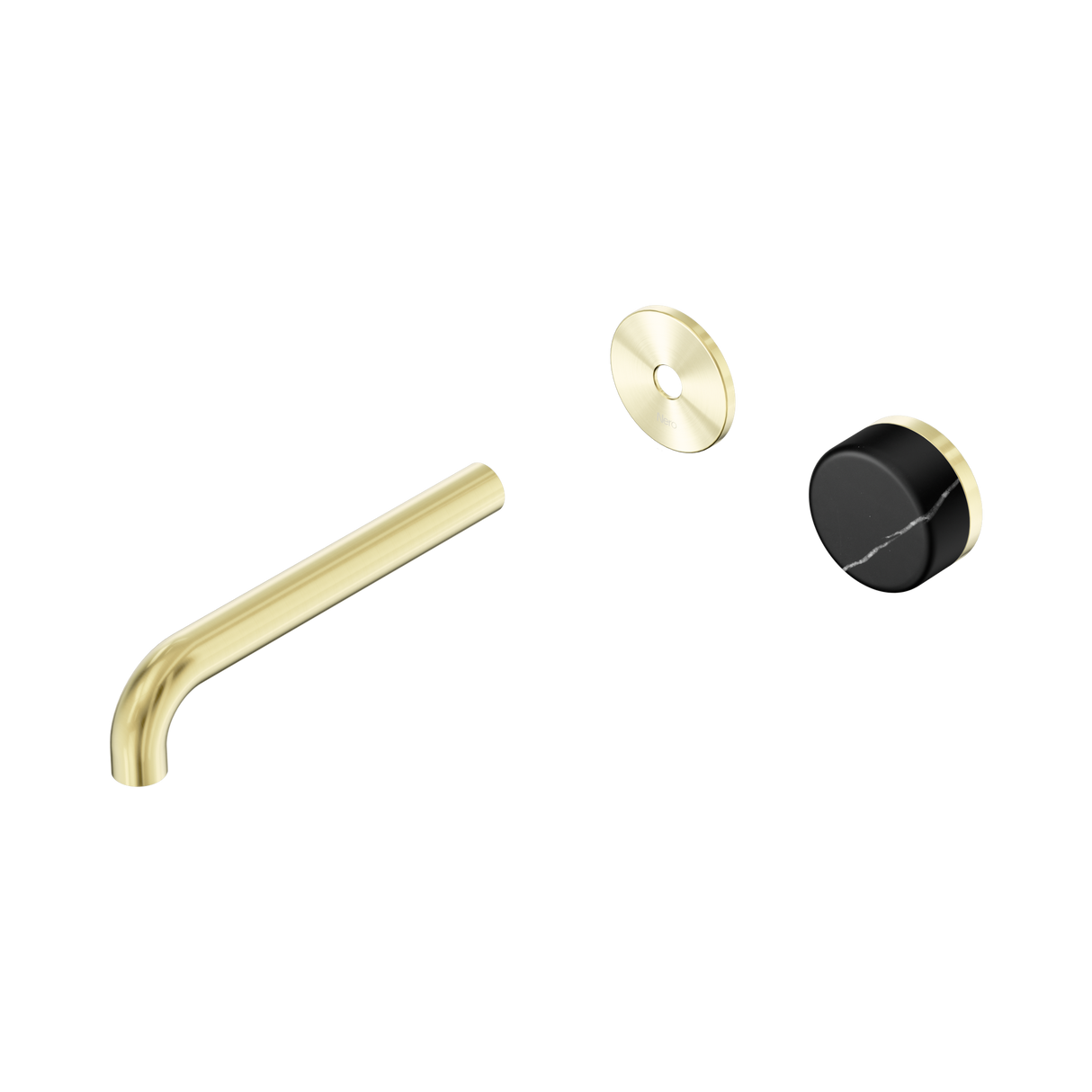 An image of Nero Tapware's Serenity Progressive Wall Basin Mixer 185mm Spout With Marquina Black Handle Trim Kit Only Brushed Gold