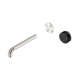 An image of Nero Tapware's Serenity Progressive Wall Basin Mixer 185mm Spout With Marquina Black Handle Trim Kit Only Brushed Nickel