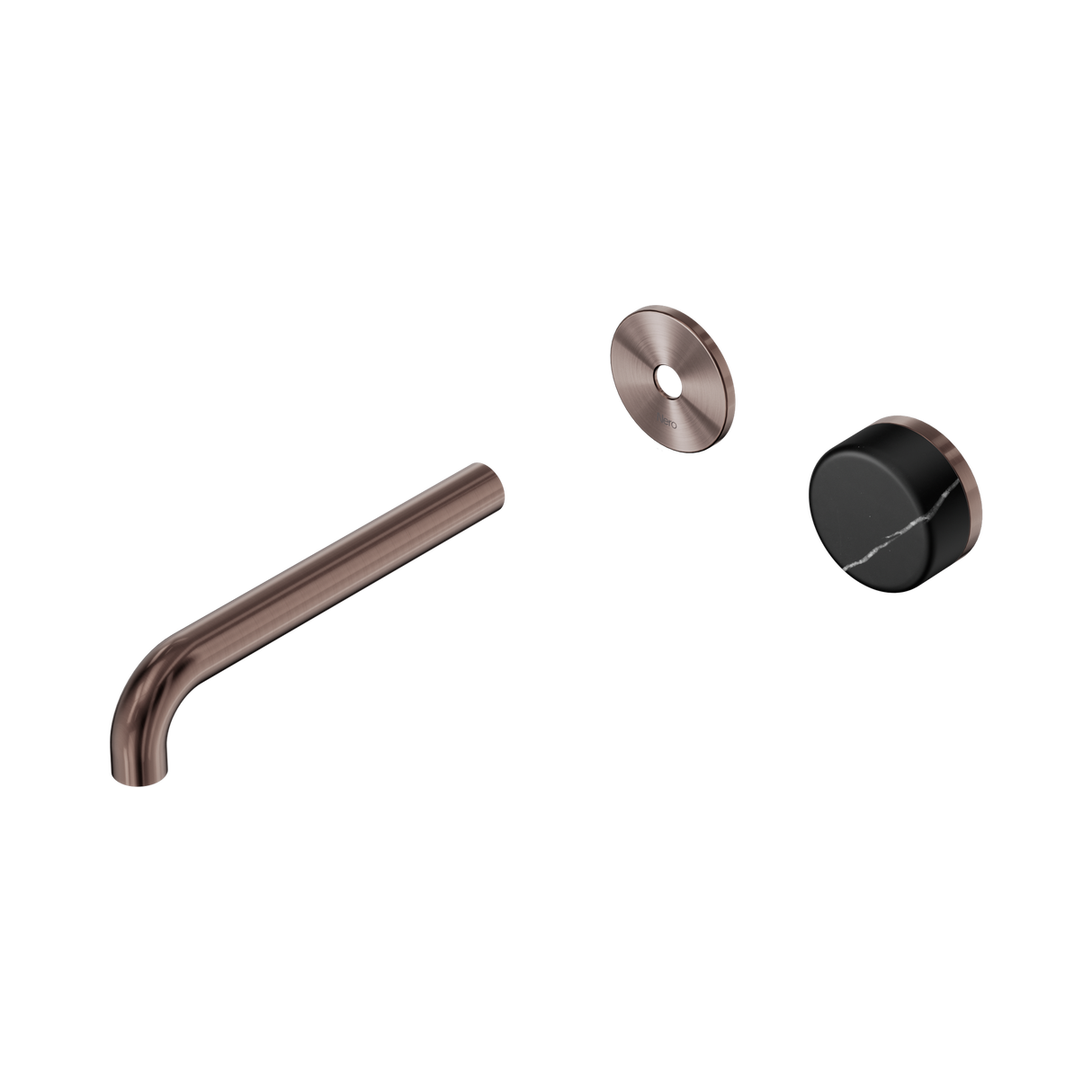 An image of Nero Tapware's Serenity Progressive Wall Basin Mixer 185mm Spout With Marquina Black Handle Trim Kit Only Brushed Bronze