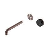 An image of Nero Tapware's Serenity Progressive Wall Basin Mixer 185mm Spout With Marquina Black Handle Trim Kit Only Brushed Bronze