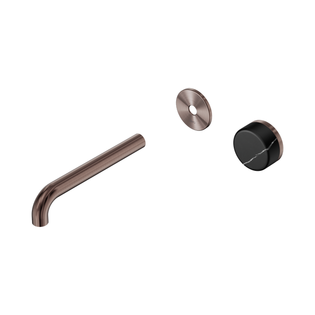 An image of Nero Tapware's Serenity Progressive Wall Basin Mixer 185mm Spout With Marquina Black Handle Trim Kit Only Brushed Bronze