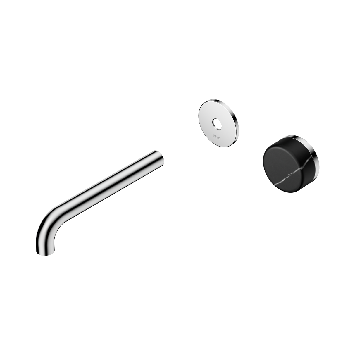 An image of Nero Tapware's Serenity Progressive Wall Basin Mixer 185mm Spout With Marquina Black Handle Trim Kit Only Chrome