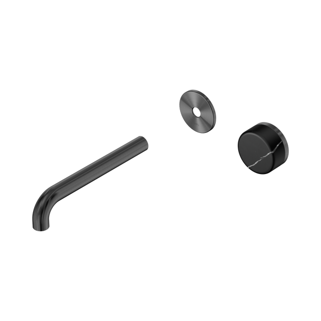 An image of Nero Tapware's Serenity Progressive Wall Basin Mixer 185mm Spout With Marquina Black Handle Trim Kit Only Gun Metal