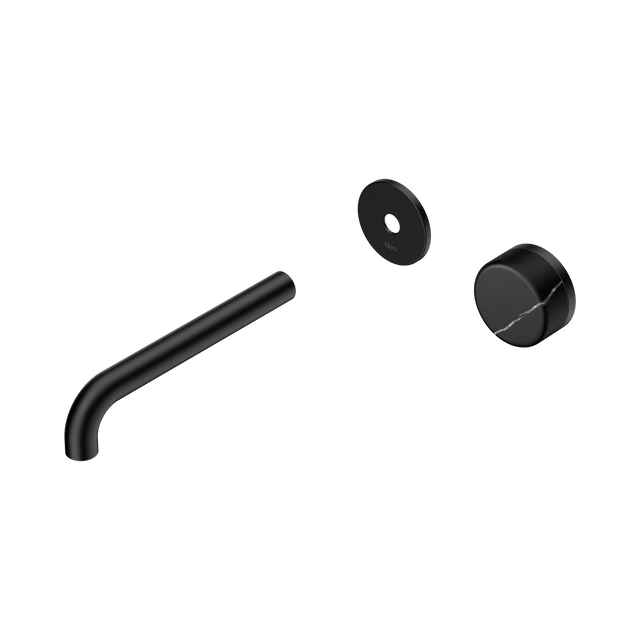 An image of Nero Tapware's Serenity Progressive Wall Basin Mixer 185mm Spout With Marquina Black Handle Trim Kit Only Matt Black