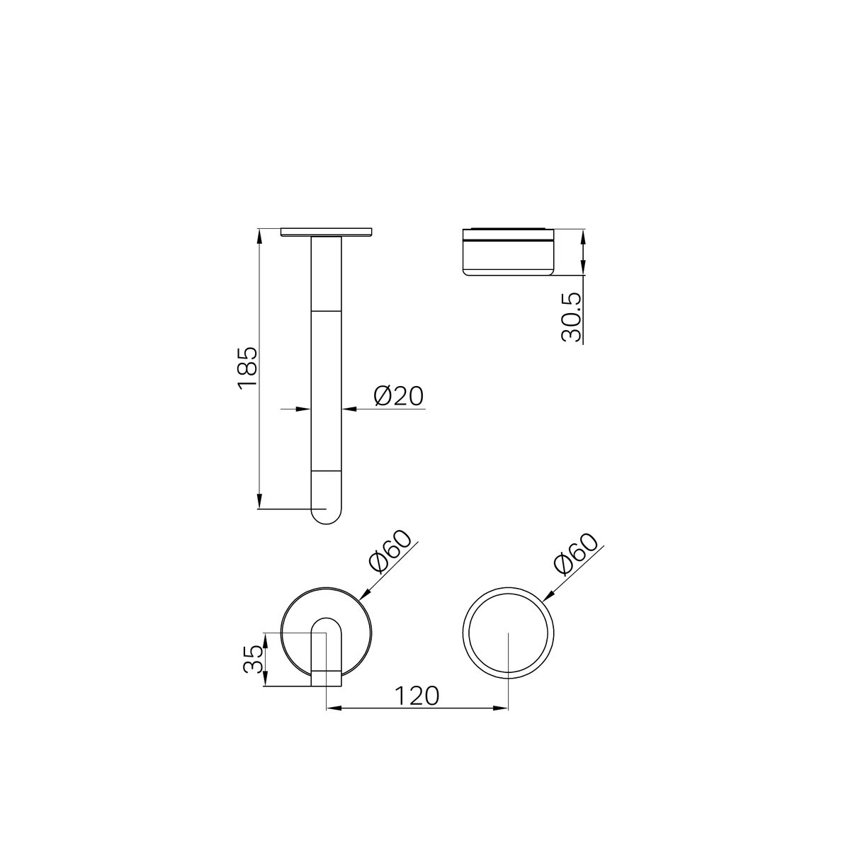 A line drawing of Nero Tapware's Serenity Progressive Wall Basin Mixer 185mm Spout With Marquina Black Handle Trim Kit Only Brushed Gold
