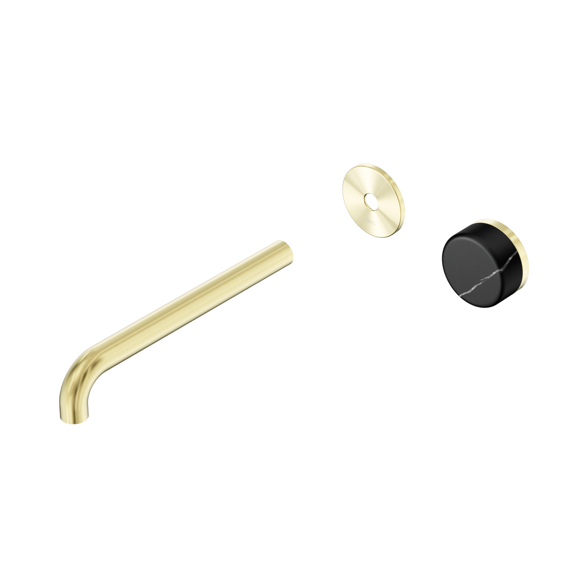 An image of Nero Tapware's Serenity Progressive Wall Basin Mixer 220mm Spout With Marquina Black Handle Trim Kit Only Brushed Gold
