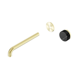 An image of Nero Tapware's Serenity Progressive Wall Basin Mixer 220mm Spout With Marquina Black Handle Trim Kit Only Brushed Gold