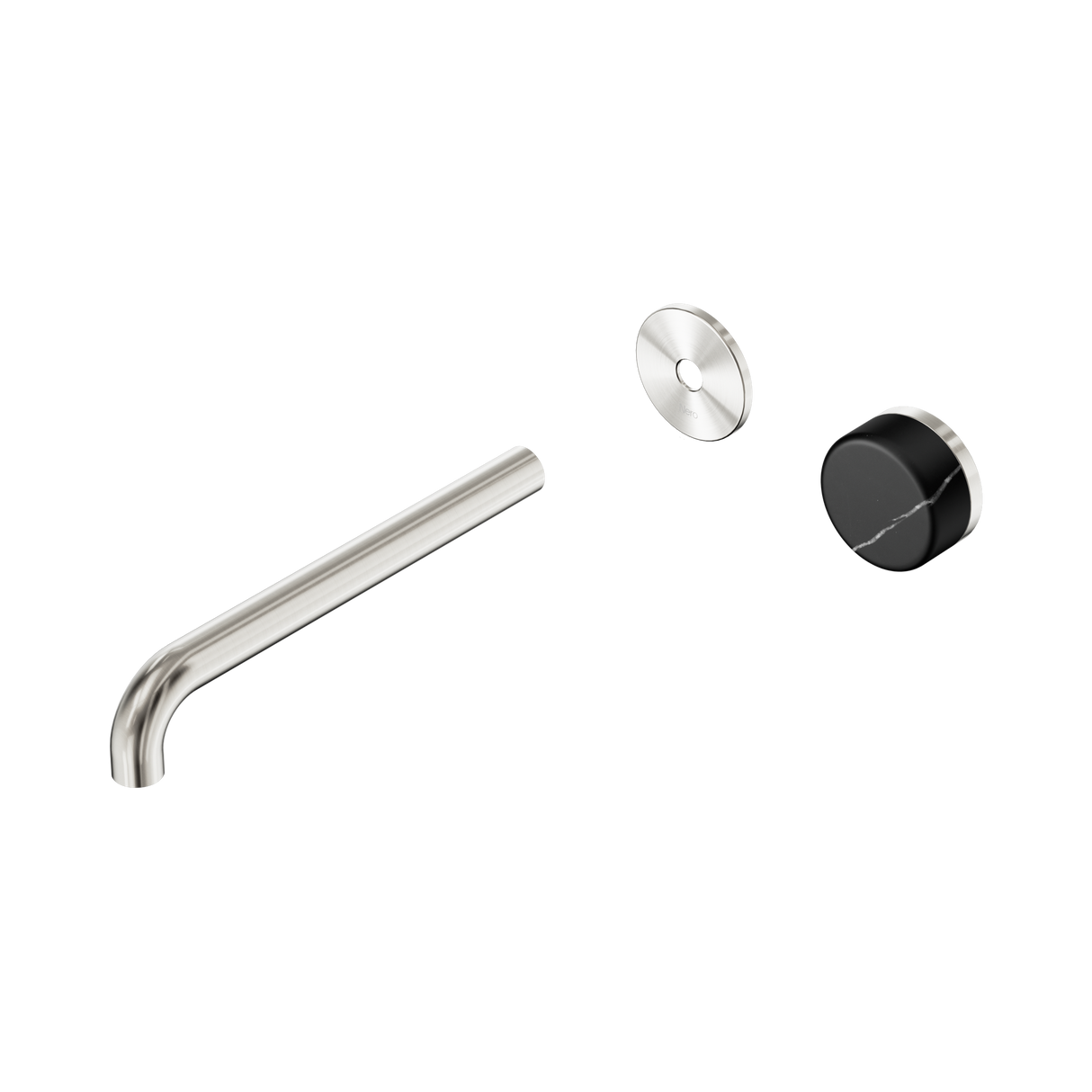 An image of Nero Tapware's Serenity Progressive Wall Basin Mixer 220mm Spout With Marquina Black Handle Trim Kit Only Brushed Nickel
