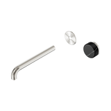 An image of Nero Tapware's Serenity Progressive Wall Basin Mixer 220mm Spout With Marquina Black Handle Trim Kit Only Brushed Nickel
