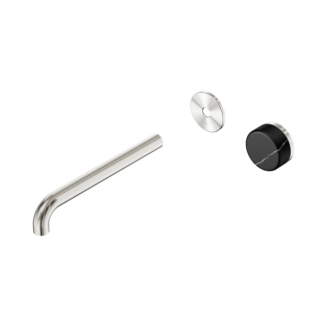 An image of Nero Tapware's Serenity Progressive Wall Basin Mixer 220mm Spout With Marquina Black Handle Trim Kit Only Brushed Nickel