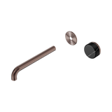 An image of Nero Tapware's Serenity Progressive Wall Basin Mixer 220mm Spout With Marquina Black Handle Trim Kit Only Brushed Bronze
