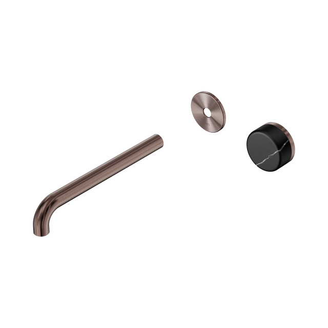 An image of Nero Tapware's Serenity Progressive Wall Basin Mixer 220mm Spout With Marquina Black Handle Trim Kit Only Brushed Bronze