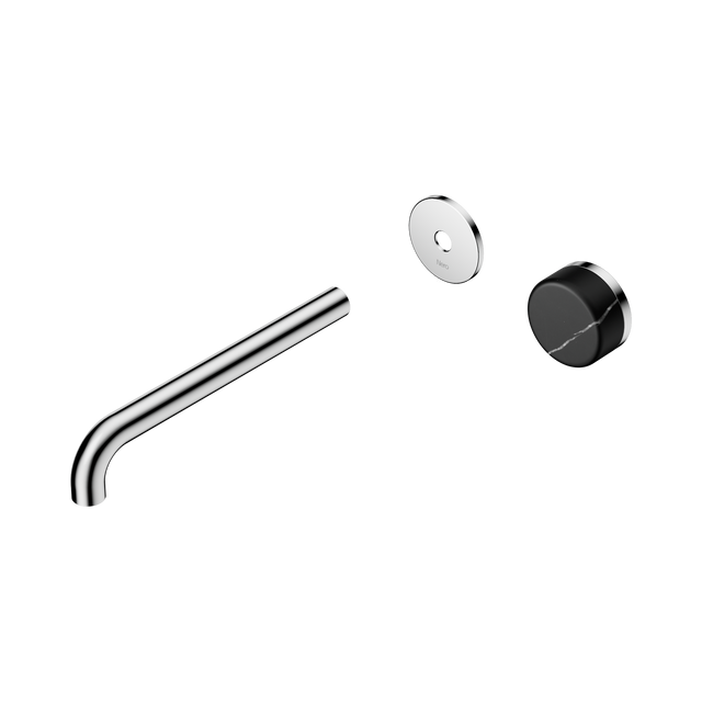 An image of Nero Tapware's Serenity Progressive Wall Basin Mixer 220mm Spout With Marquina Black Handle Trim Kit Only Chrome