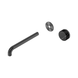 An image of Nero Tapware's Serenity Progressive Wall Basin Mixer 220mm Spout With Marquina Black Handle Trim Kit Only Gun Metal