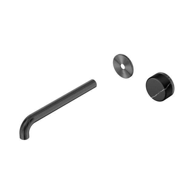 An image of Nero Tapware's Serenity Progressive Wall Basin Mixer 220mm Spout With Marquina Black Handle Trim Kit Only Gun Metal