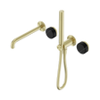 An image of Nero Tapware's Serenity Progressive Shower System With Spout With Marquina Black Handle And Slim Shower Brushed Gold