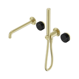 An image of Nero Tapware's Serenity Progressive Shower System With Spout With Marquina Black Handle And Slim Shower Brushed Gold