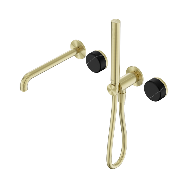 An image of Nero Tapware's Serenity Progressive Shower System With Spout With Marquina Black Handle And Slim Shower Brushed Gold