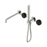 An image of Nero Tapware's Serenity Progressive Shower System With Spout With Marquina Black Handle And Slim Shower Brushed Nickel