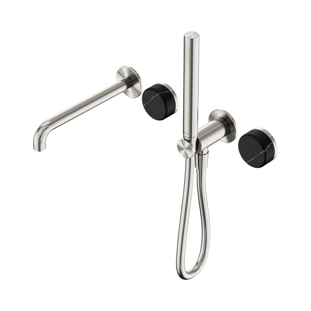 An image of Nero Tapware's Serenity Progressive Shower System With Spout With Marquina Black Handle And Slim Shower Brushed Nickel