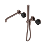 An image of Nero Tapware's Serenity Progressive Shower System With Spout With Marquina Black Handle And Slim Shower Brushed Bronze