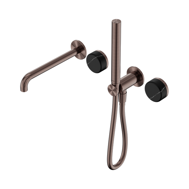 An image of Nero Tapware's Serenity Progressive Shower System With Spout With Marquina Black Handle And Slim Shower Brushed Bronze