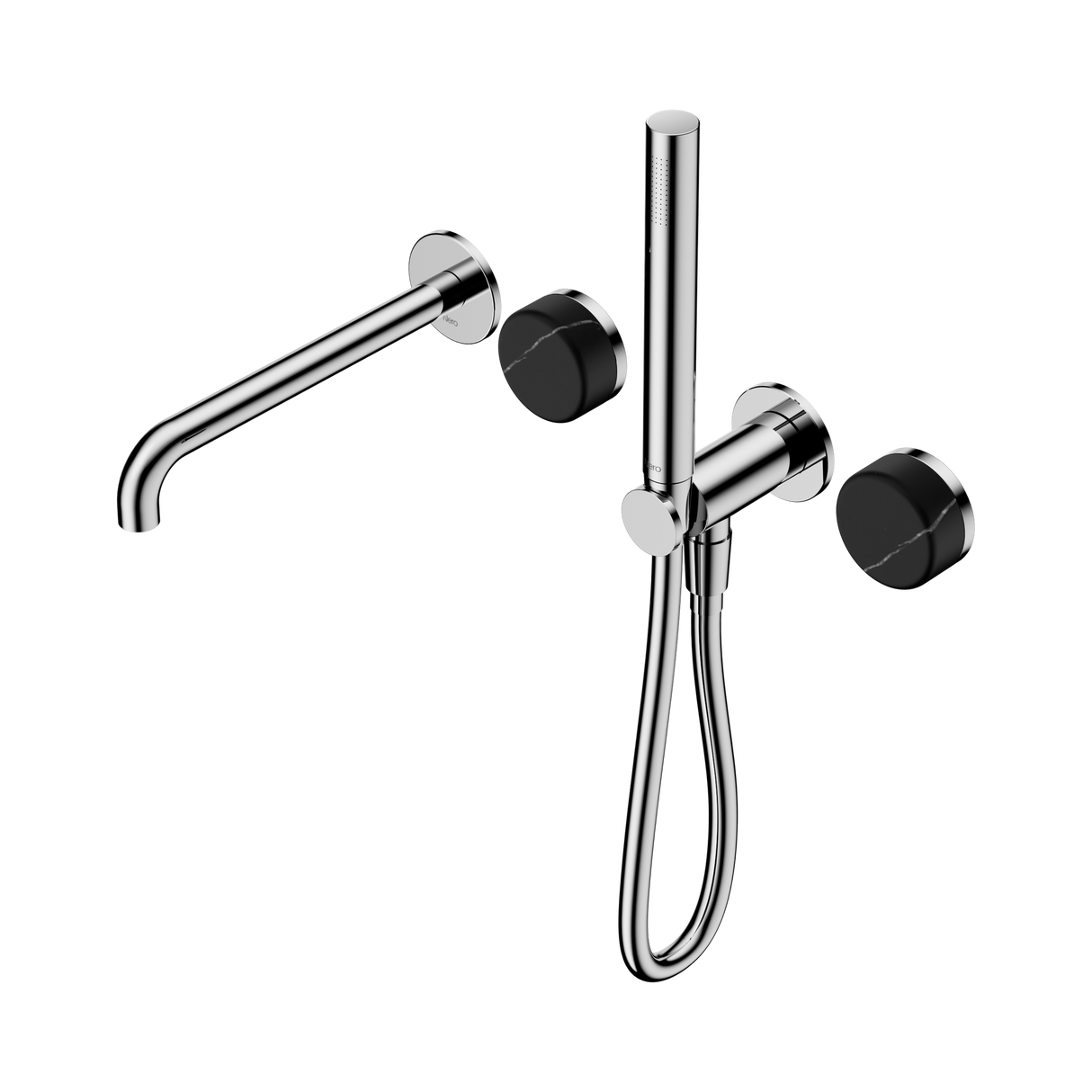 An image of Nero Tapware's Serenity Progressive Shower System With Spout With Marquina Black Handle And Slim Shower Chrome