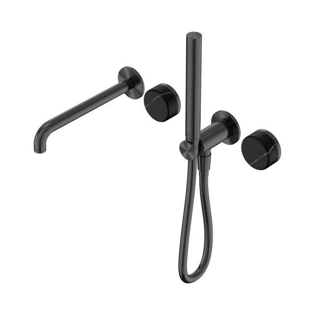 An image of Nero Tapware's Serenity Progressive Shower System With Spout With Marquina Black Handle And Slim Shower Gun Metal