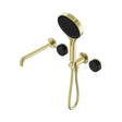 An image of Nero Tapware's Serenity Progressive Shower System With Spout With Marquina Black Handle And Serenity Hand Shower Brushed Gold