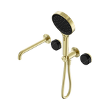 An image of Nero Tapware's Serenity Progressive Shower System With Spout With Marquina Black Handle And Serenity Hand Shower Brushed Gold