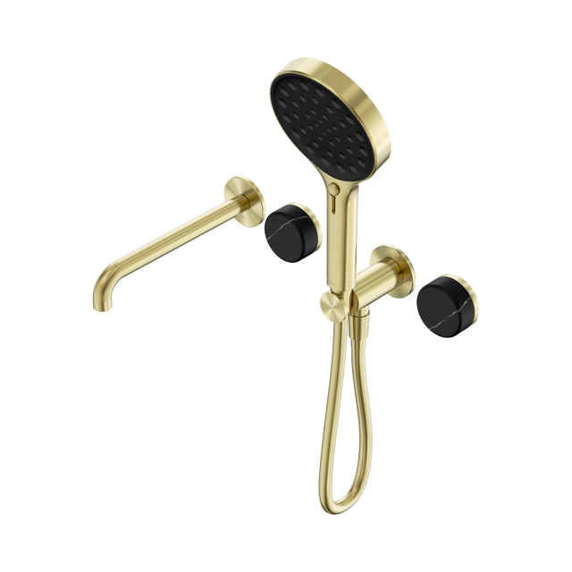 An image of Nero Tapware's Serenity Progressive Shower System With Spout With Marquina Black Handle And Serenity Hand Shower Brushed Gold