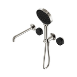 An image of Nero Tapware's Serenity Progressive Shower System With Spout With Marquina Black Handle And Serenity Hand Shower Brushed Nickel