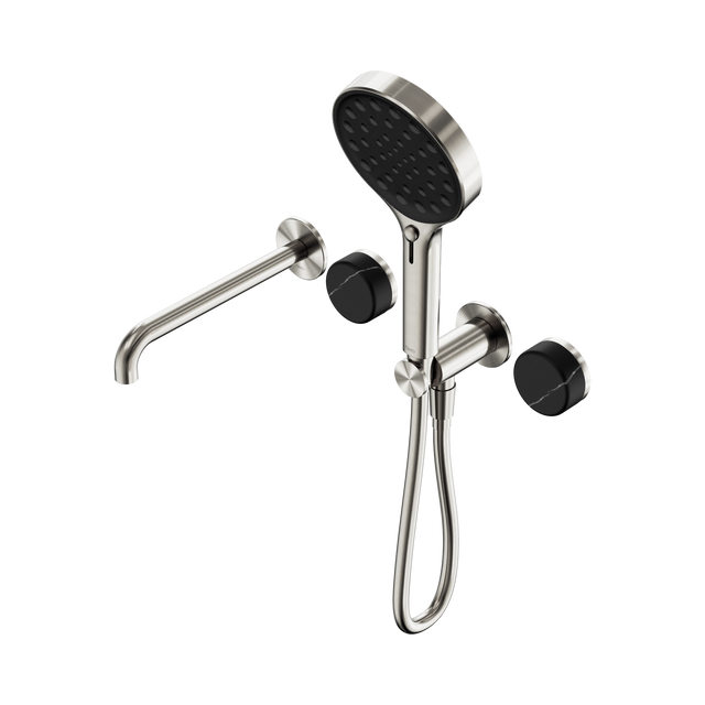 An image of Nero Tapware's Serenity Progressive Shower System With Spout With Marquina Black Handle And Serenity Hand Shower Brushed Nickel
