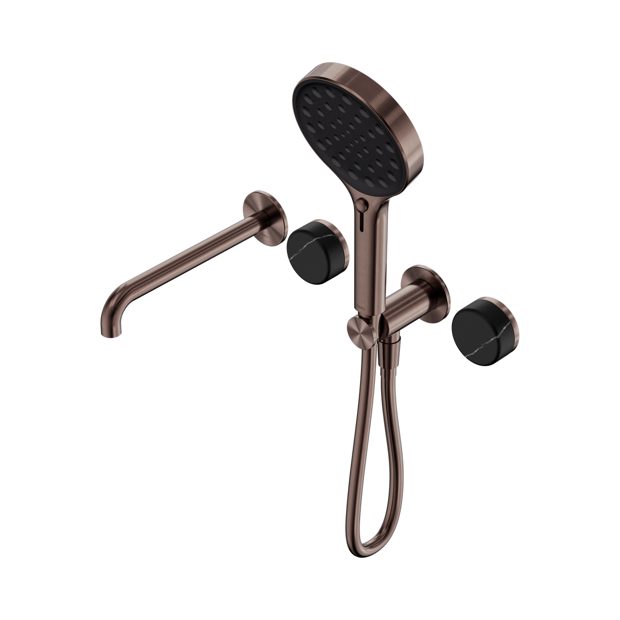 An image of Nero Tapware's Serenity Progressive Shower System With Spout With Marquina Black Handle And Serenity Hand Shower Brushed Bronze