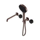 An image of Nero Tapware's Serenity Progressive Shower System With Spout With Marquina Black Handle And Serenity Hand Shower Brushed Bronze