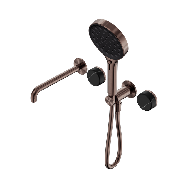 An image of Nero Tapware's Serenity Progressive Shower System With Spout With Marquina Black Handle And Serenity Hand Shower Brushed Bronze