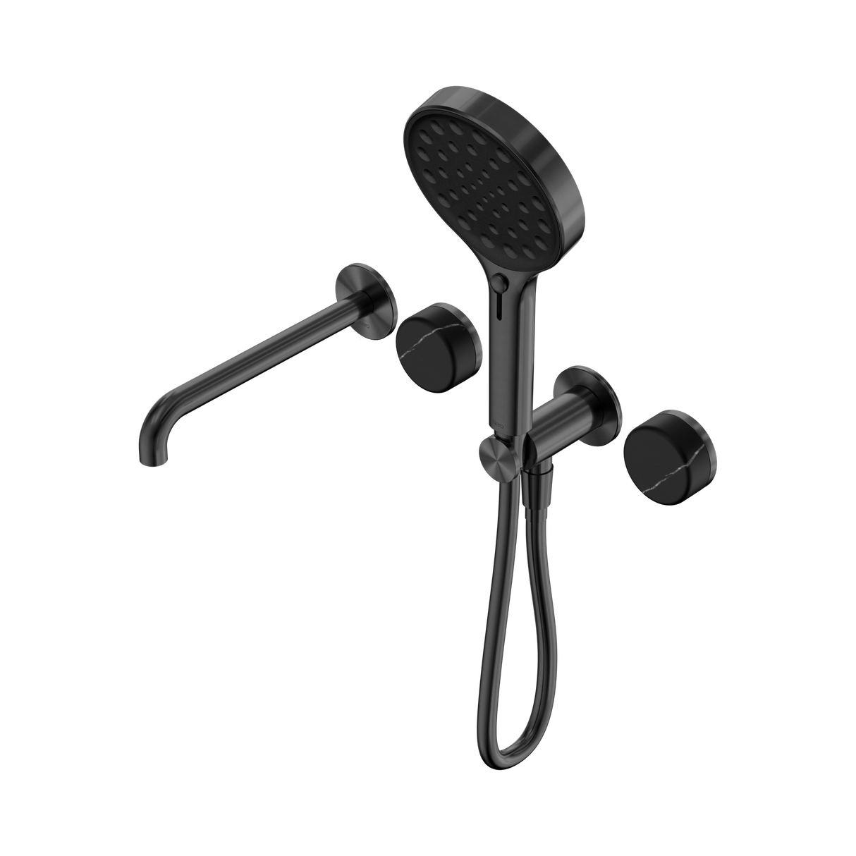 An image of Nero Tapware's Serenity Progressive Shower System With Spout With Marquina Black Handle And Serenity Hand Shower Gun Metal