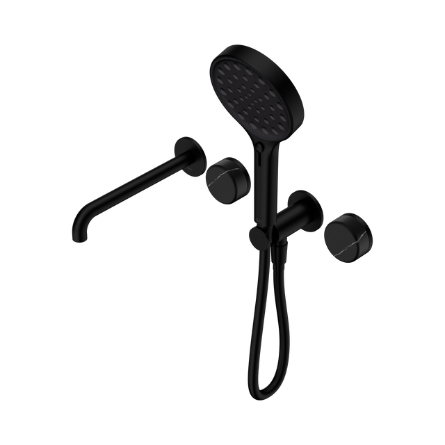 An image of Nero Tapware's Serenity Progressive Shower System With Spout With Marquina Black Handle And Serenity Hand Shower Matt Black