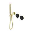 An image of Nero Tapware's Serenity Progressive Shower System With Marquina Black Handle And Slim Shower Brushed Gold
