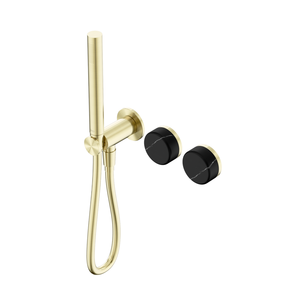 An image of Nero Tapware's Serenity Progressive Shower System With Marquina Black Handle And Slim Shower Brushed Gold