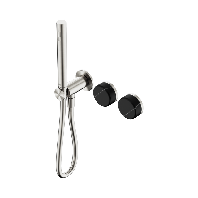 An image of Nero Tapware's Serenity Progressive Shower System With Marquina Black Handle And Slim Shower Brushed Nickel
