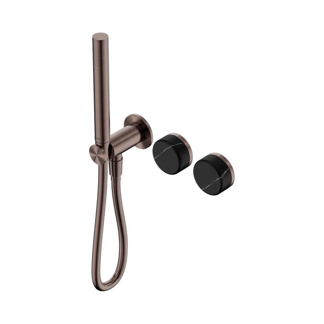 An image of Nero Tapware's Serenity Progressive Shower System With Marquina Black Handle And Slim Shower Brushed Bronze