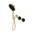 An image of Nero Tapware's Serenity Progressive Shower System With Marquina Black Handle And Serenity Hand Shower Brushed Gold