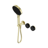 An image of Nero Tapware's Serenity Progressive Shower System With Marquina Black Handle And Serenity Hand Shower Brushed Gold